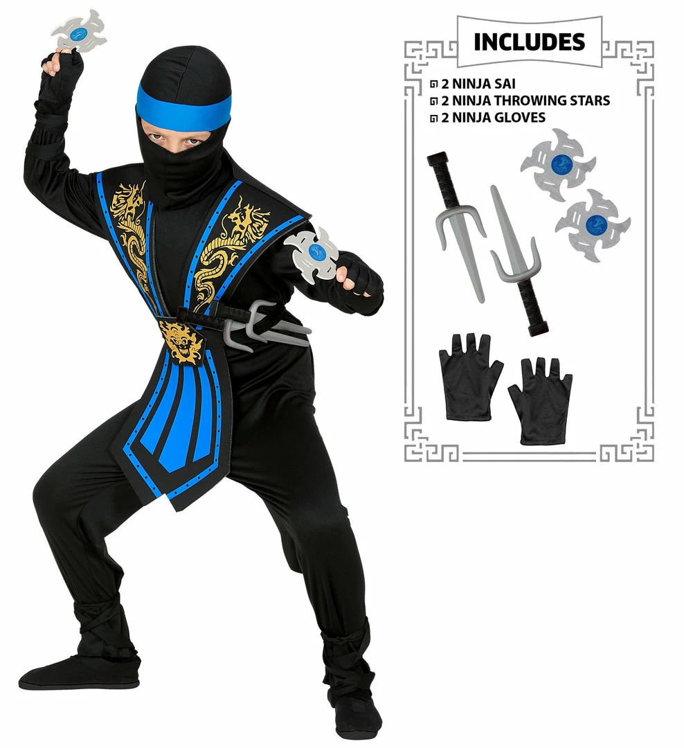 Widmann Kid's Halloween Blue Kombat Ninja Costume With Weapons