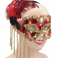 Bristol Red Satin Mask Beads And Red Feathers