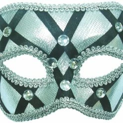 Bristol Silver Mask With Black Harlequin Ribbons Masks
